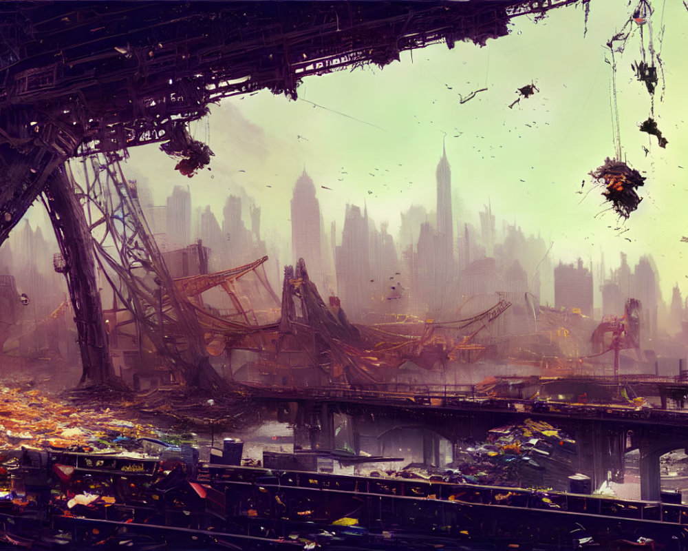 Dystopian cityscape with collapsed structures and futuristic airships