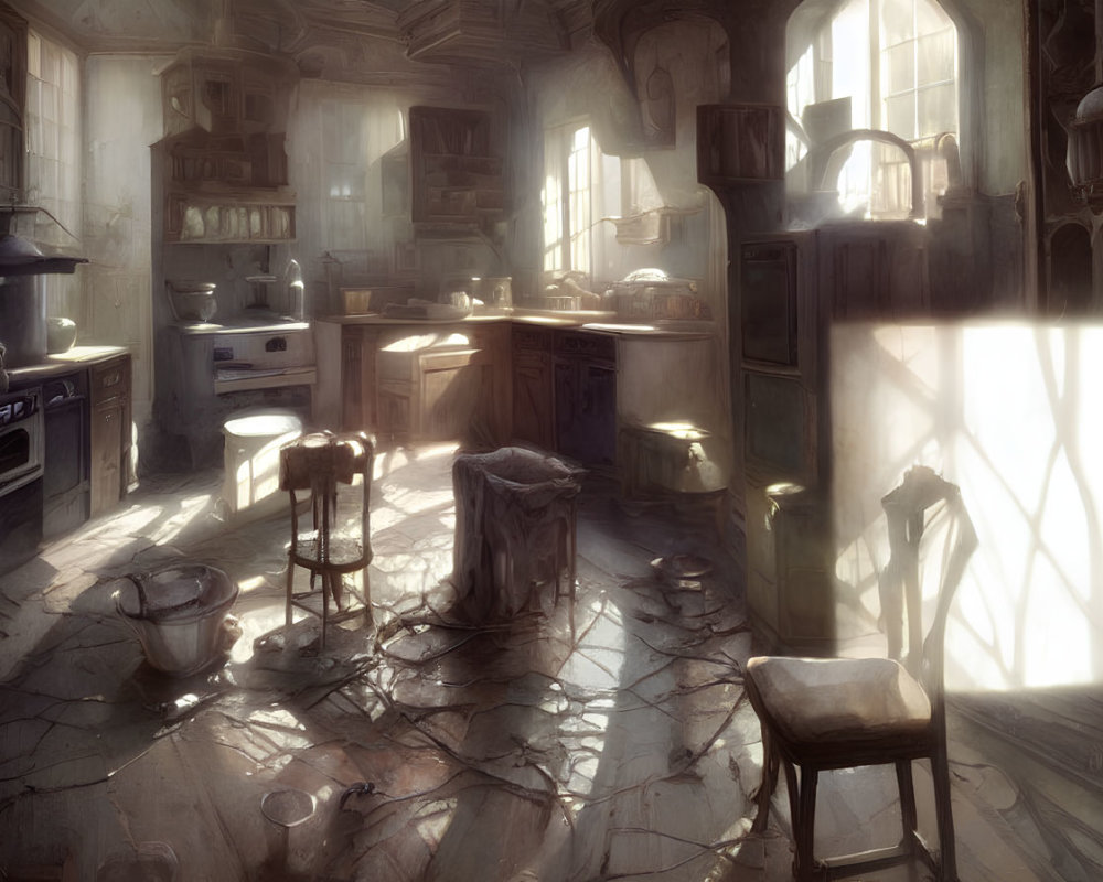 Abandoned kitchen with sunlight and shadows