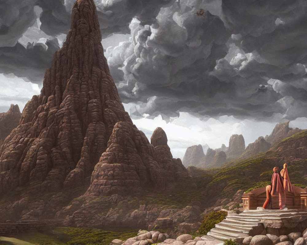 Majestic landscape with rocky formations and seated person in contemplative pose