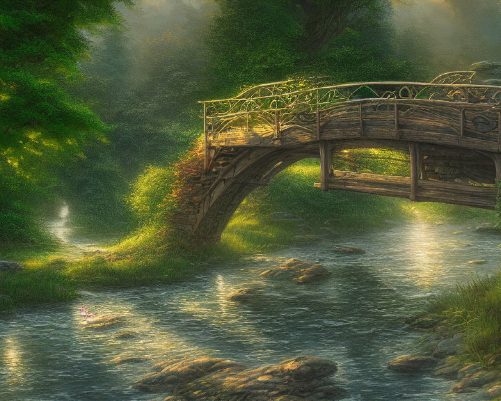 Old Wooden Bridge Over Serene Stream in Lush Greenery