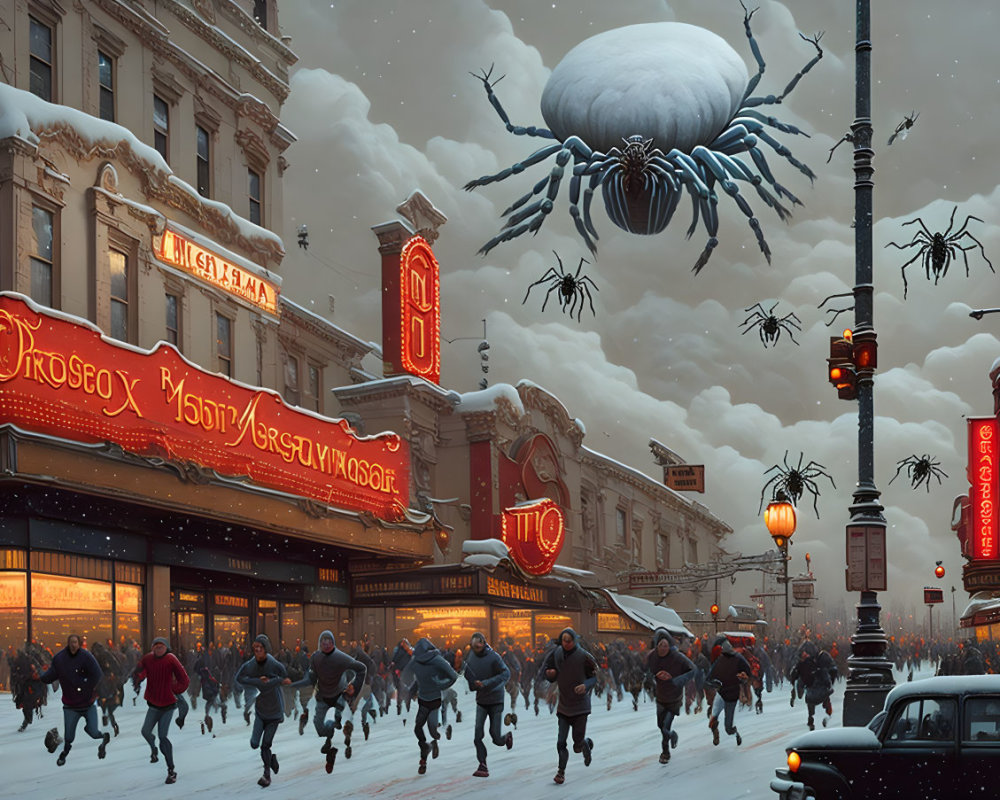 Snowy cityscape with people fleeing large spiders among vintage buildings.