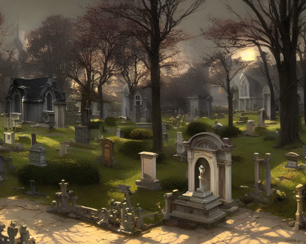 Misty graveyard with tombstones, statues, mausoleums, and autumn trees