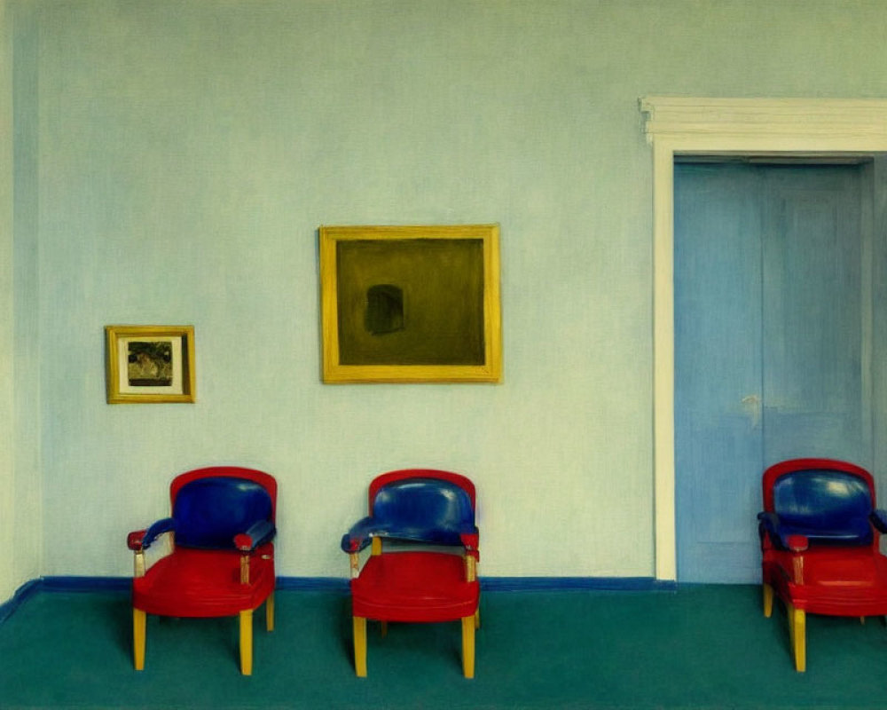 Serene room painting with blue walls, red chairs, and golden-framed artwork