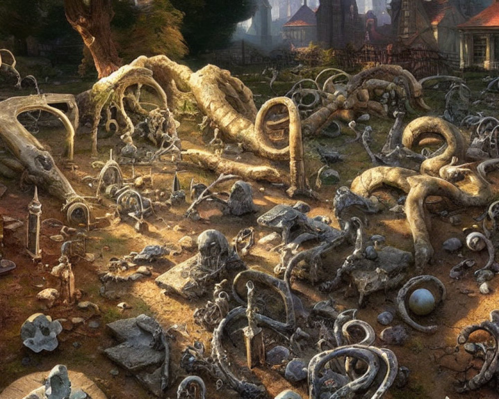 Fantastical eerie graveyard with twisting bones and skulls