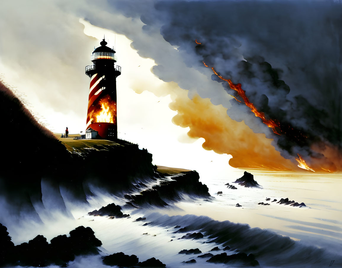 Cliffside lighthouse with fiery explosion and calm seas with crashing waves