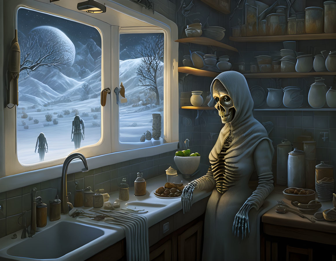 Skeleton in shawl in cozy kitchen with snowy landscape and approaching figures