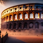 Colosseum at sunset with silhouettes of people and statue in misty ambiance