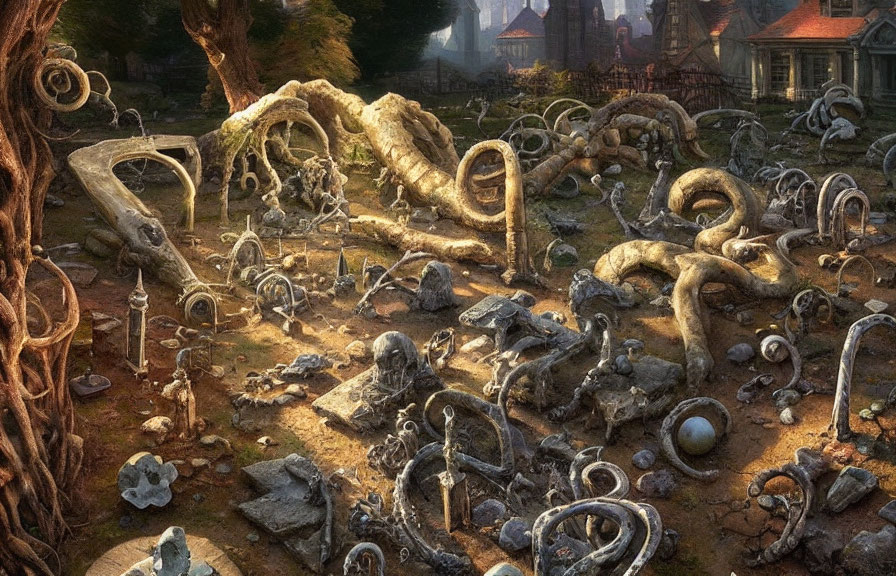 Fantastical eerie graveyard with twisting bones and skulls