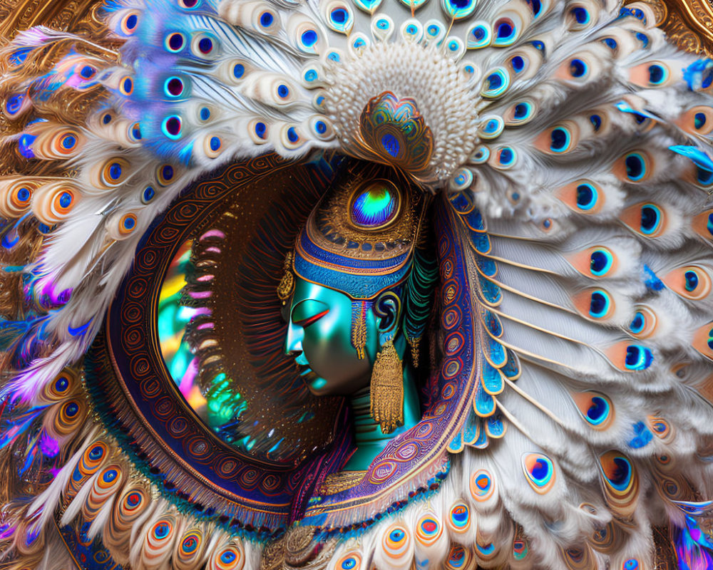 Serene blue-faced deity surrounded by peacock feathers in rich blues and golds