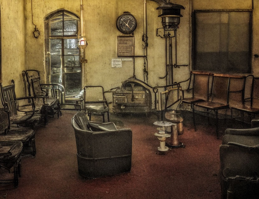 Vintage furniture in dimly lit room: chairs, stove, lamp