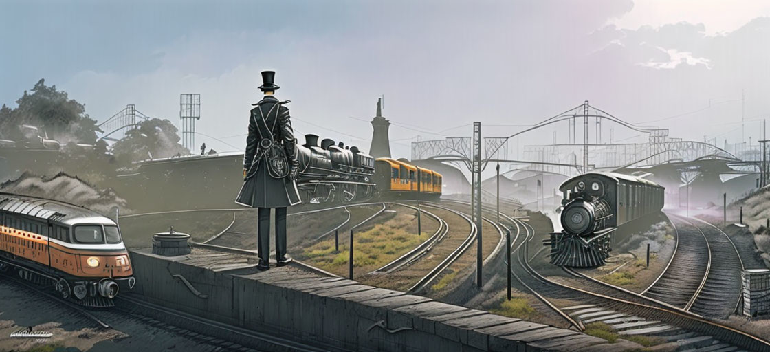 Colossal man in vintage attire at misty railway station