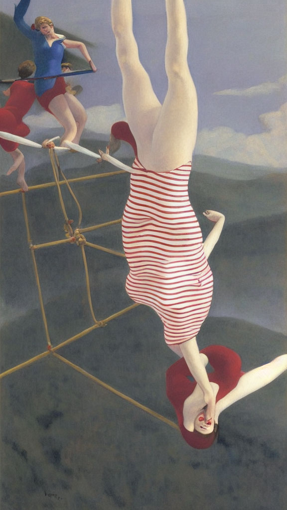 Striped Costume Trapeze Artists Perform on Swings in Grey Sky