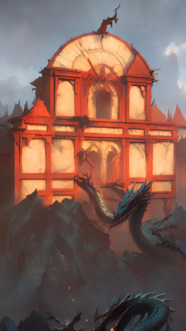 Fantasy palace with glowing windows and dragon in dusky sky