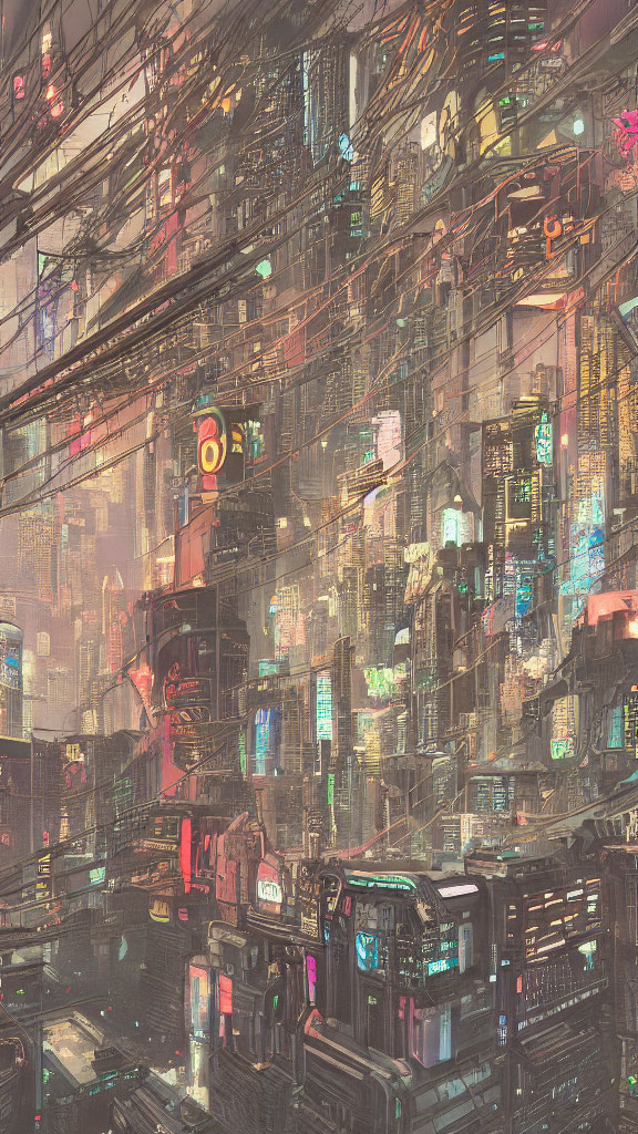 Futuristic cityscape with neon lights and towering structures