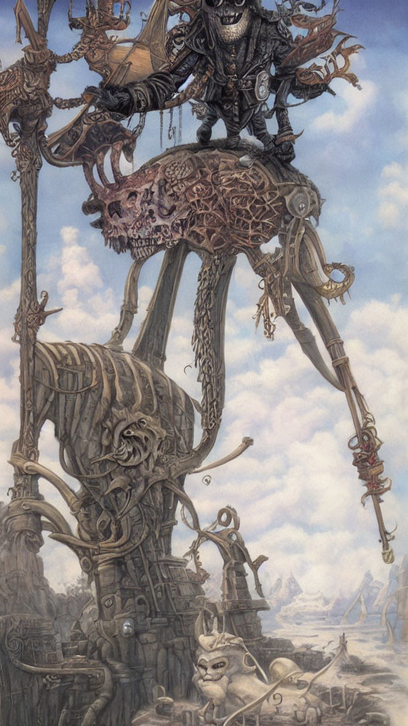 Skeletal mechanical warlord on bone steed in desolate landscape