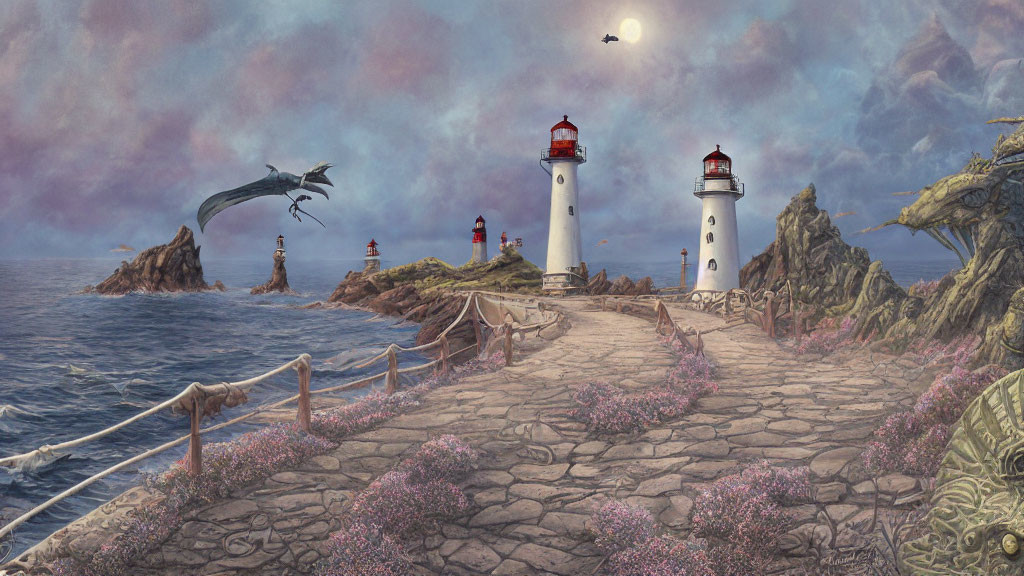 Twin lighthouses in a fantastical seascape with flying dragon