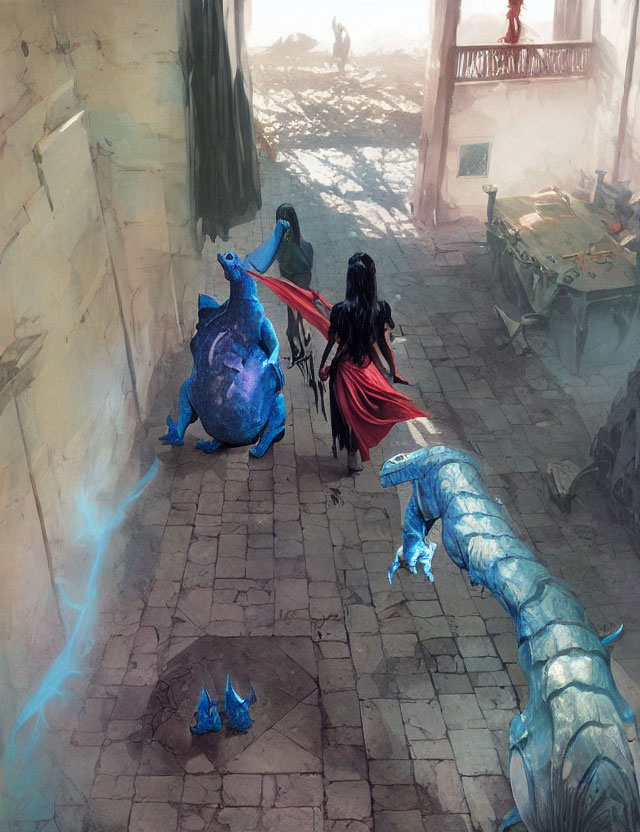 Warrior woman leads blue creature chased by serpent in fantasy alleyway