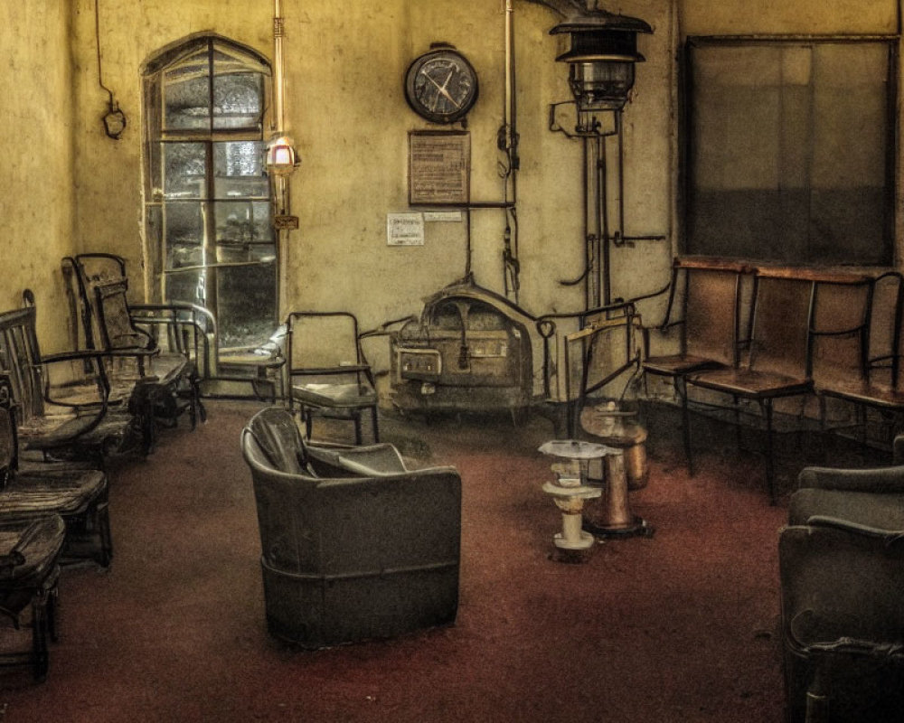 Vintage furniture in dimly lit room: chairs, stove, lamp