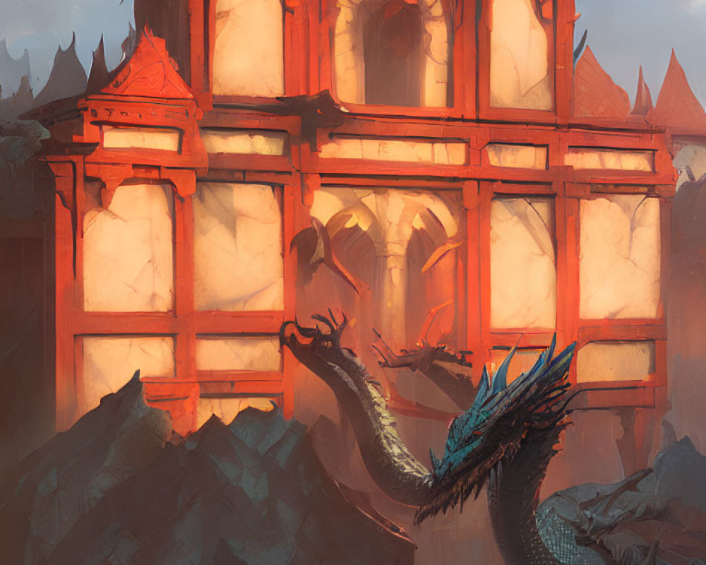 Fantasy palace with glowing windows and dragon in dusky sky