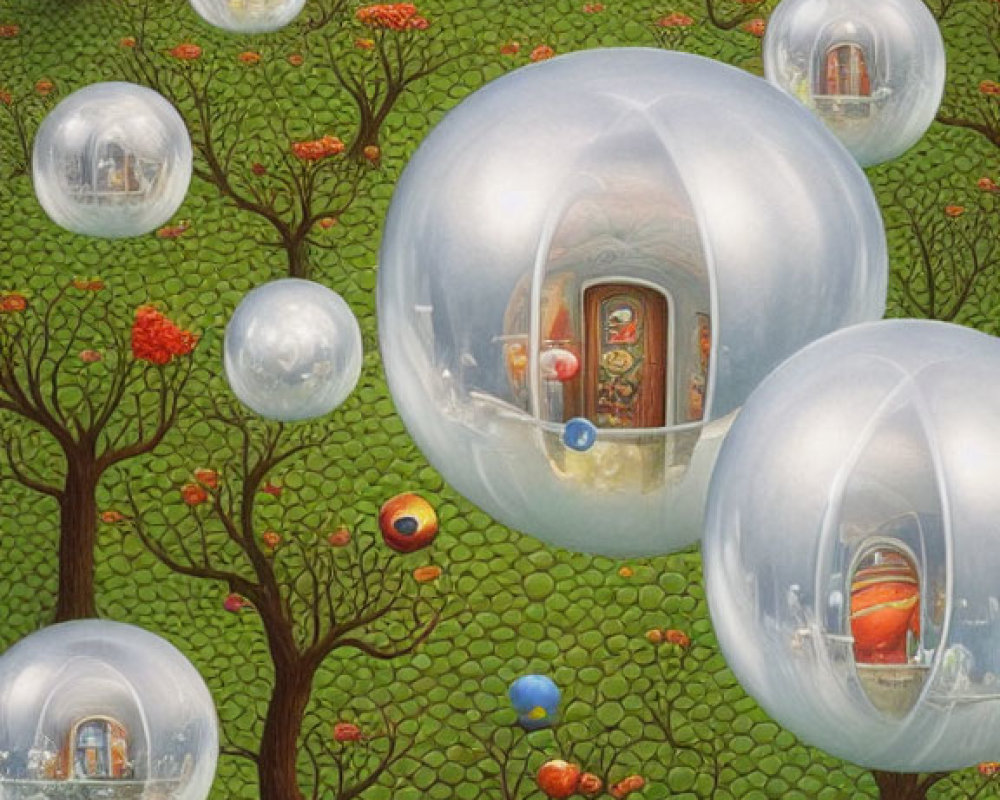 Fantasy landscape with translucent bubbles and cozy rooms among autumnal trees