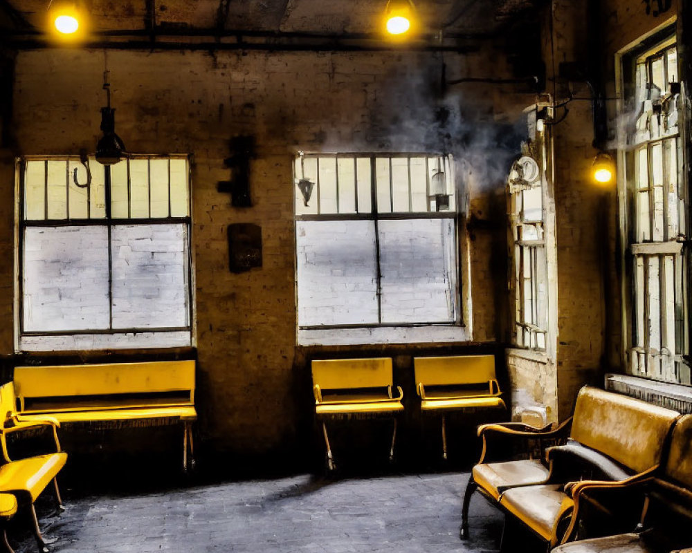 Vintage yellow benches, industrial lights, hazy air in room with large windows