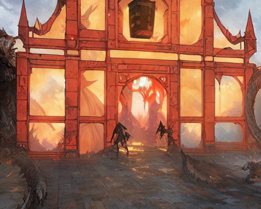 Fantasy gate illustration with luminescent panels and menacing statues