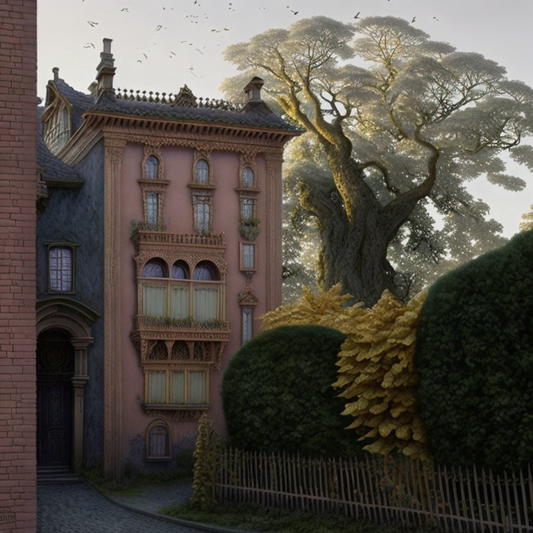 Old house with ornate balconies, tree, brick wall, greenery, metal fence