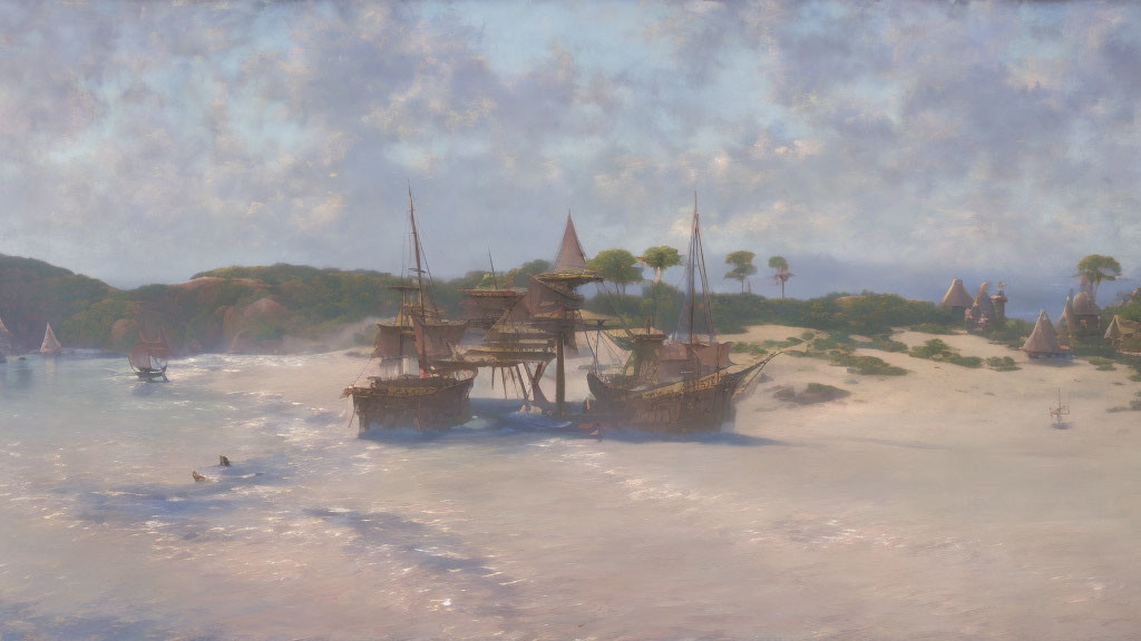 Sailing ships and huts on tropical coast under pastel sky