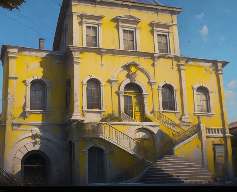 Yellow Colonial-Style Building with Weathered Walls and Arched Windows