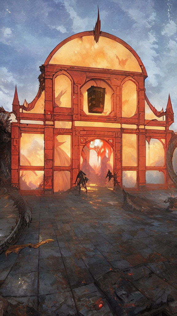 Fantasy gate illustration with luminescent panels and menacing statues