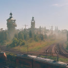 Colossal man in vintage attire at misty railway station