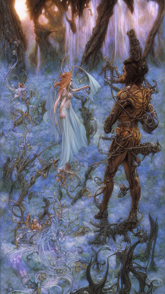 Fantasy Artwork: Ethereal Female and Muscular Male Figures in Mystical Forest