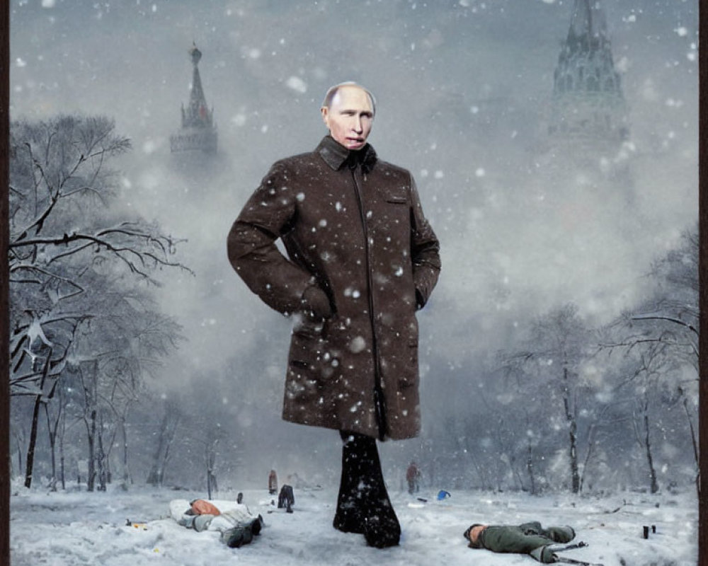 Man in coat surrounded by fallen figures in snowy park with tower.