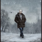 Man in coat surrounded by fallen figures in snowy park with tower.