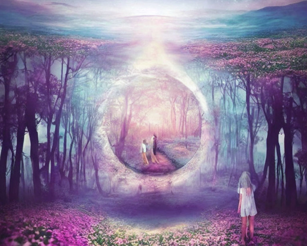 Fantasy landscape with glowing circular portal, couple, purple flowers, trees, and girl.