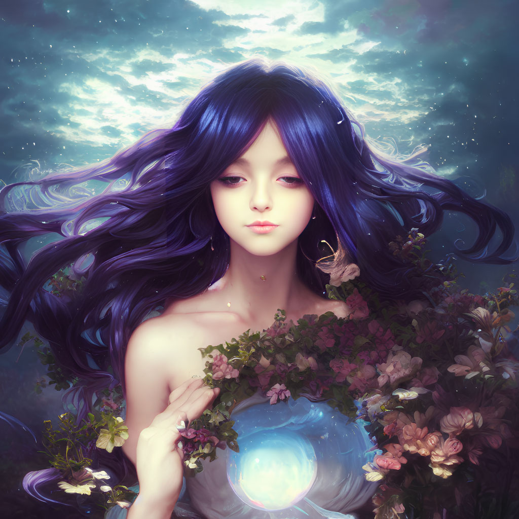 Fantasy illustration of female figure with purple hair, flowers, orb, celestial background