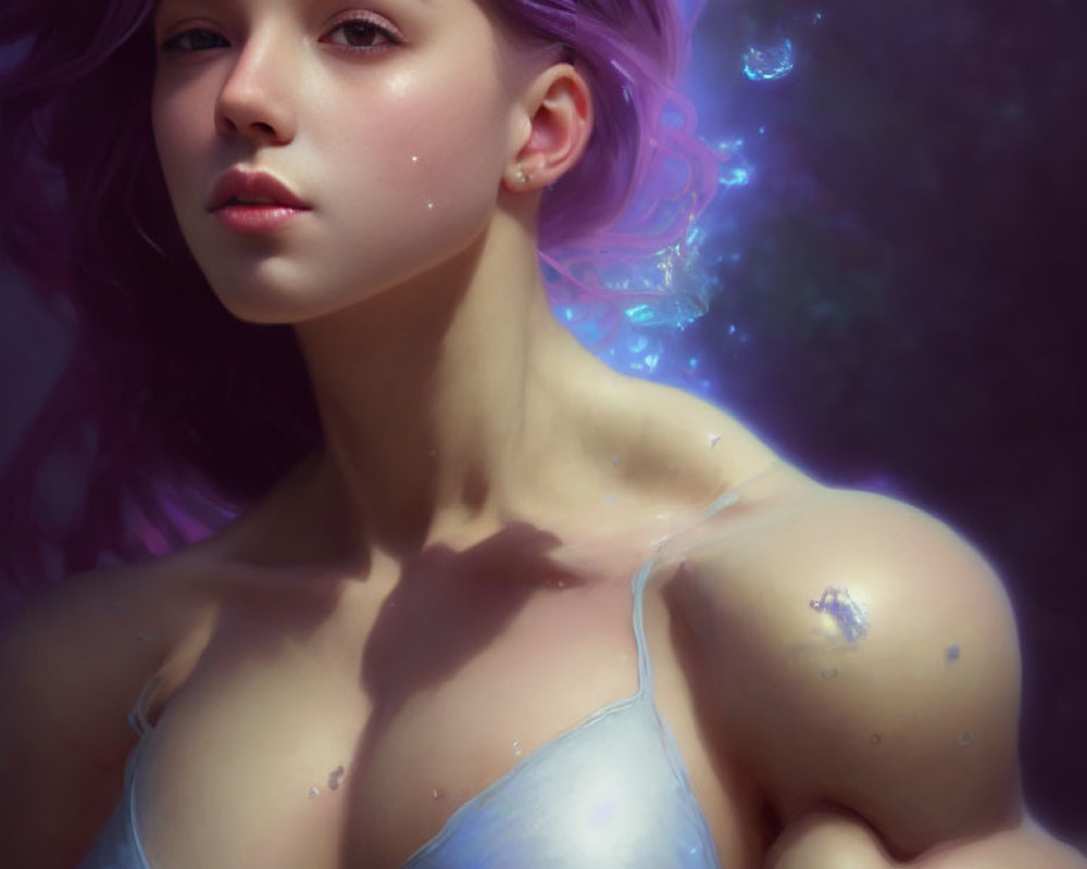 Violet-haired woman portrait with freckles and subtle glow on soft purple backdrop