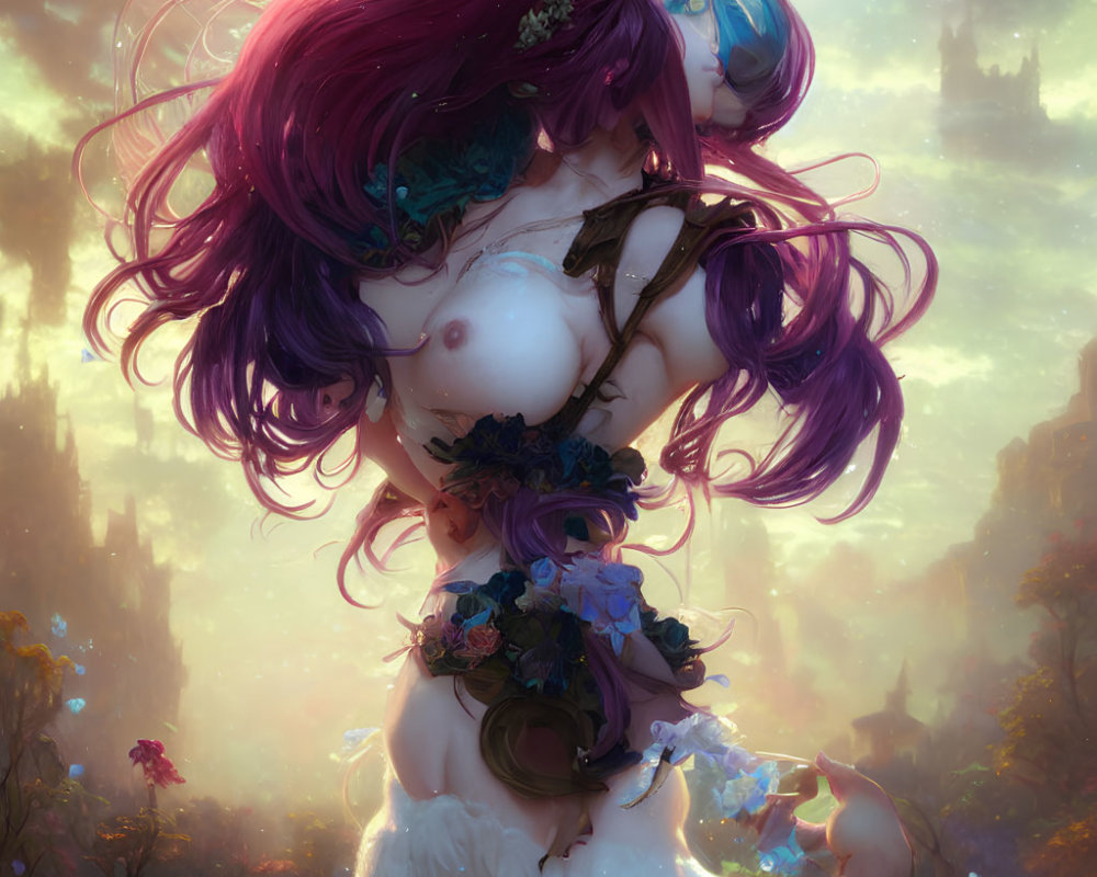 Fantasy illustration of girl with purple hair in sunset-lit backdrop.