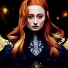 Digital artwork featuring woman with red hair and blue eyes in ornate robe against gothic backdrop