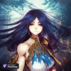 Fantasy illustration of female figure with purple hair, flowers, orb, celestial background