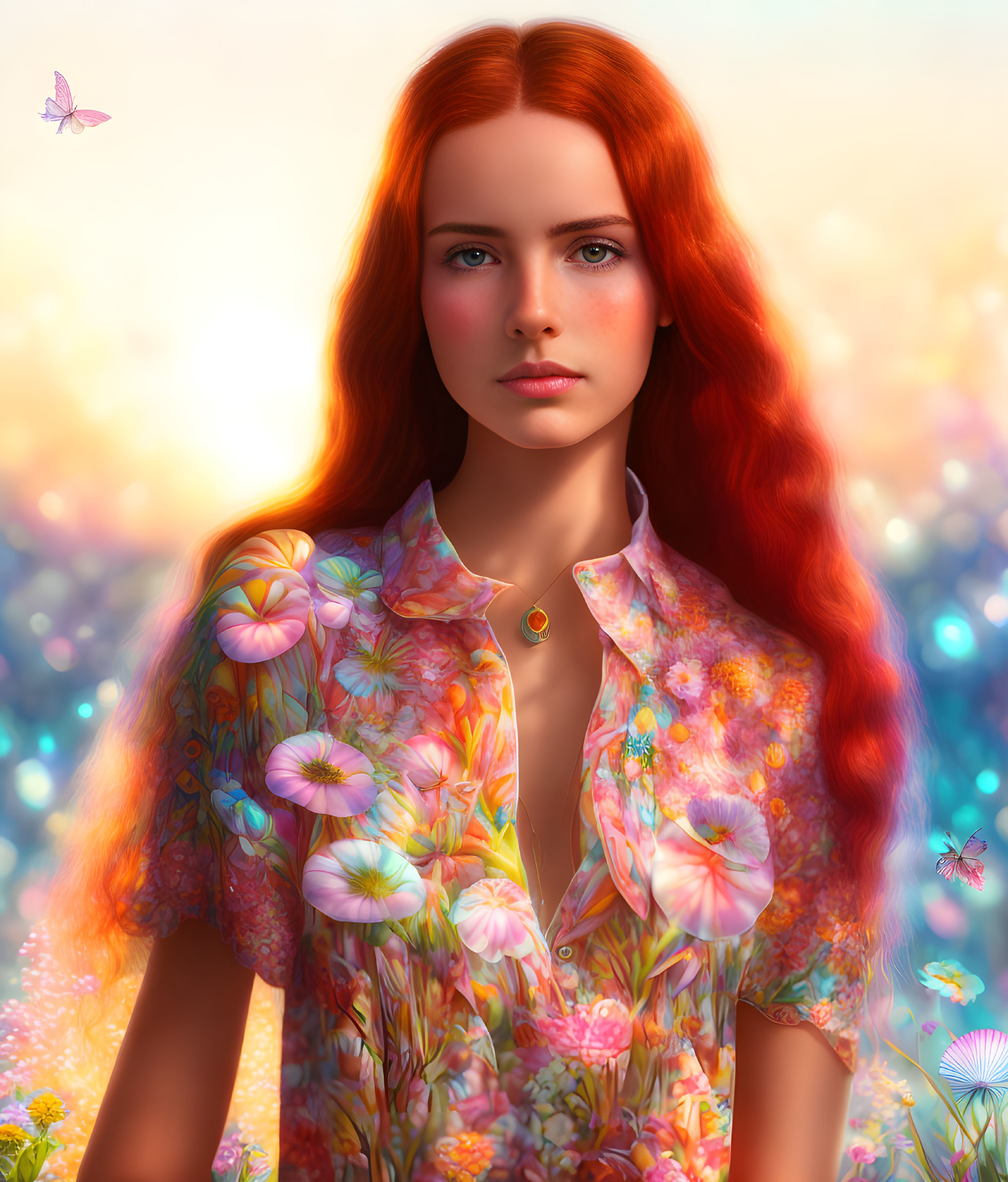 Red-haired woman with blue eyes in floral shirt and butterflies in soft-focus scene