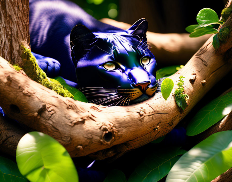 Luminous blue cat with striking eyes on tree branch in digital art.