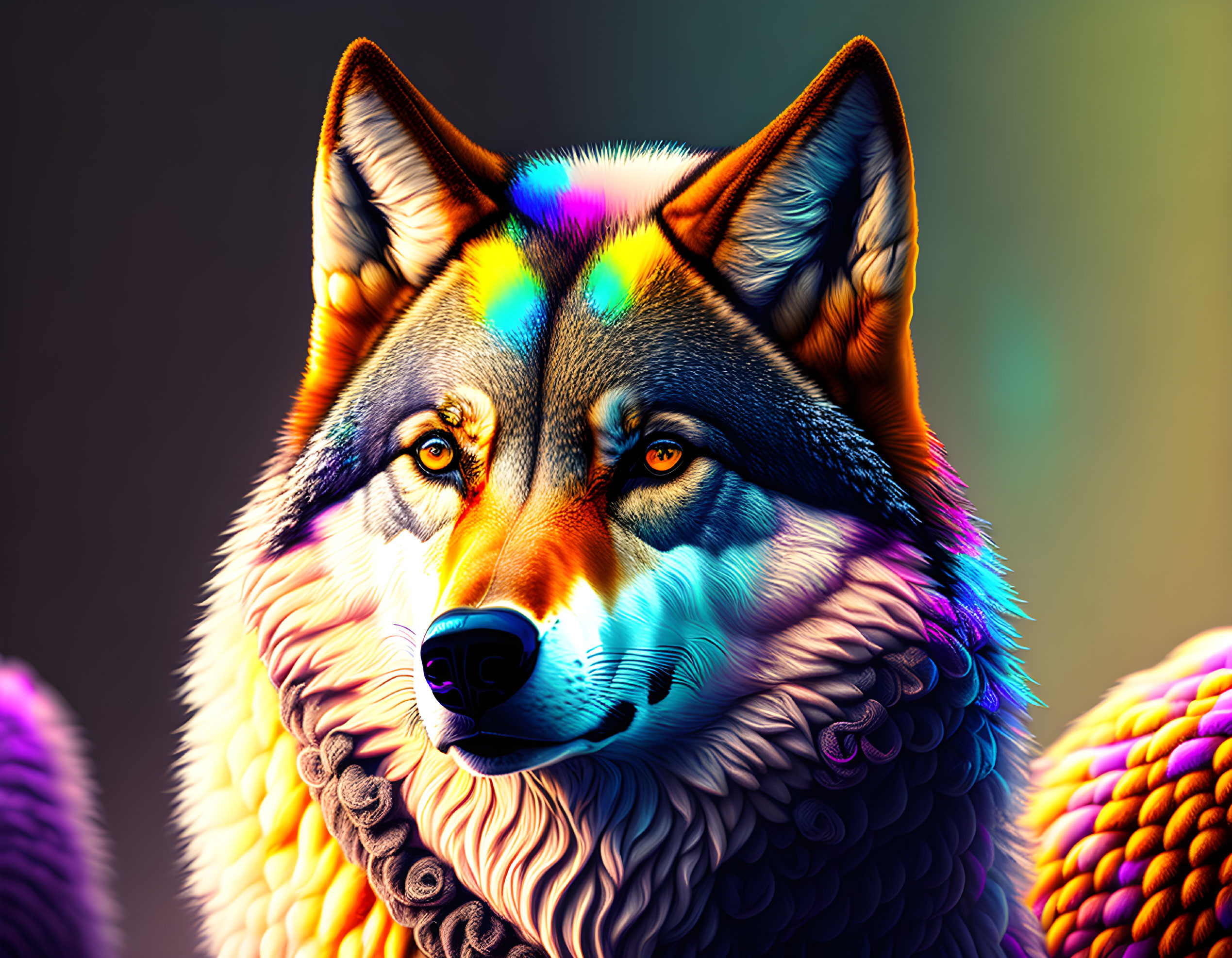 Colorful digital artwork: Wolf with multicolored fur and intense gaze