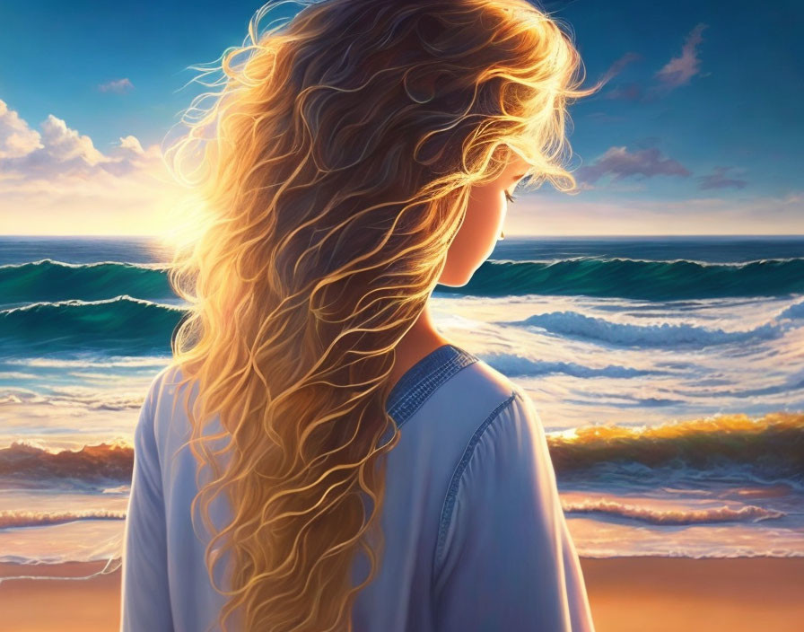 Blond woman admiring ocean sunset with warm light