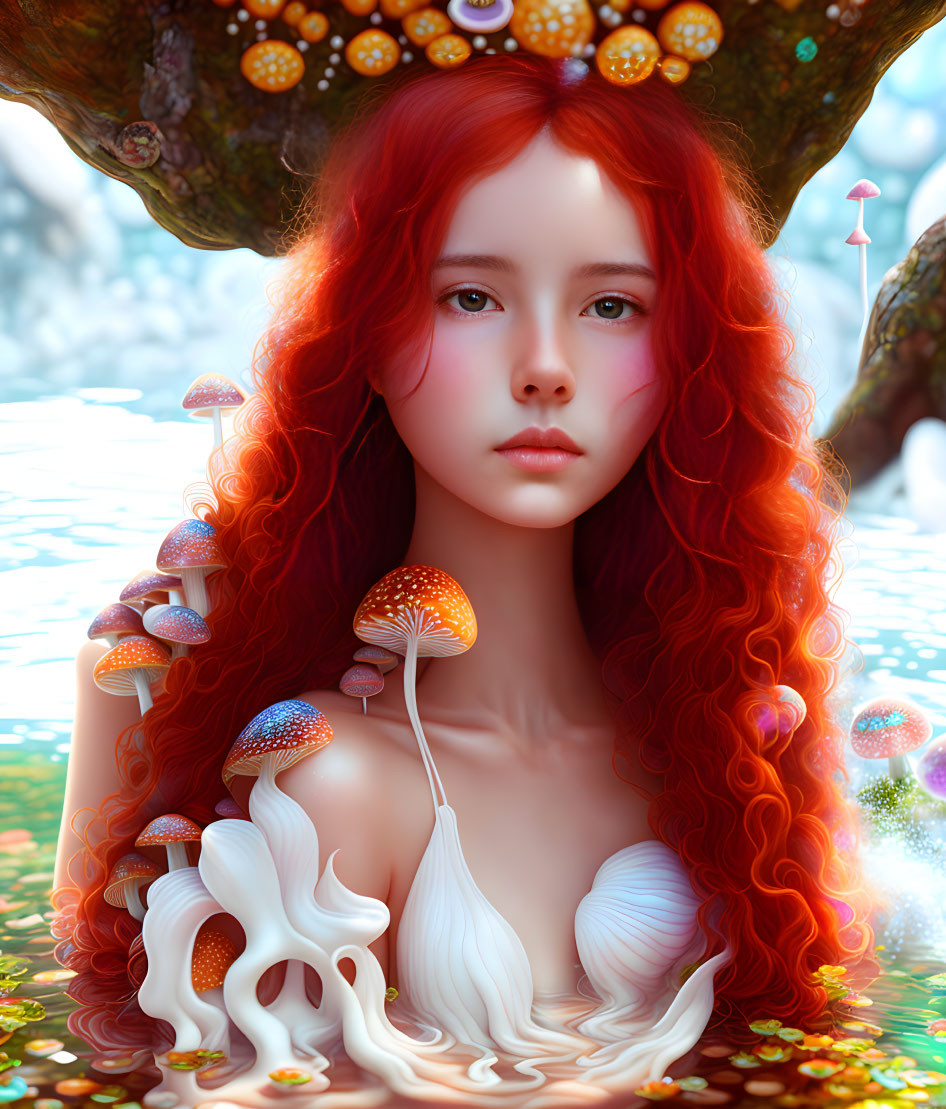 Vibrant red-haired girl in colorful fantasy forest with glowing mushrooms