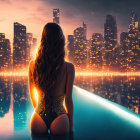 Glittering swimsuit woman by pool with city skyline at sunset