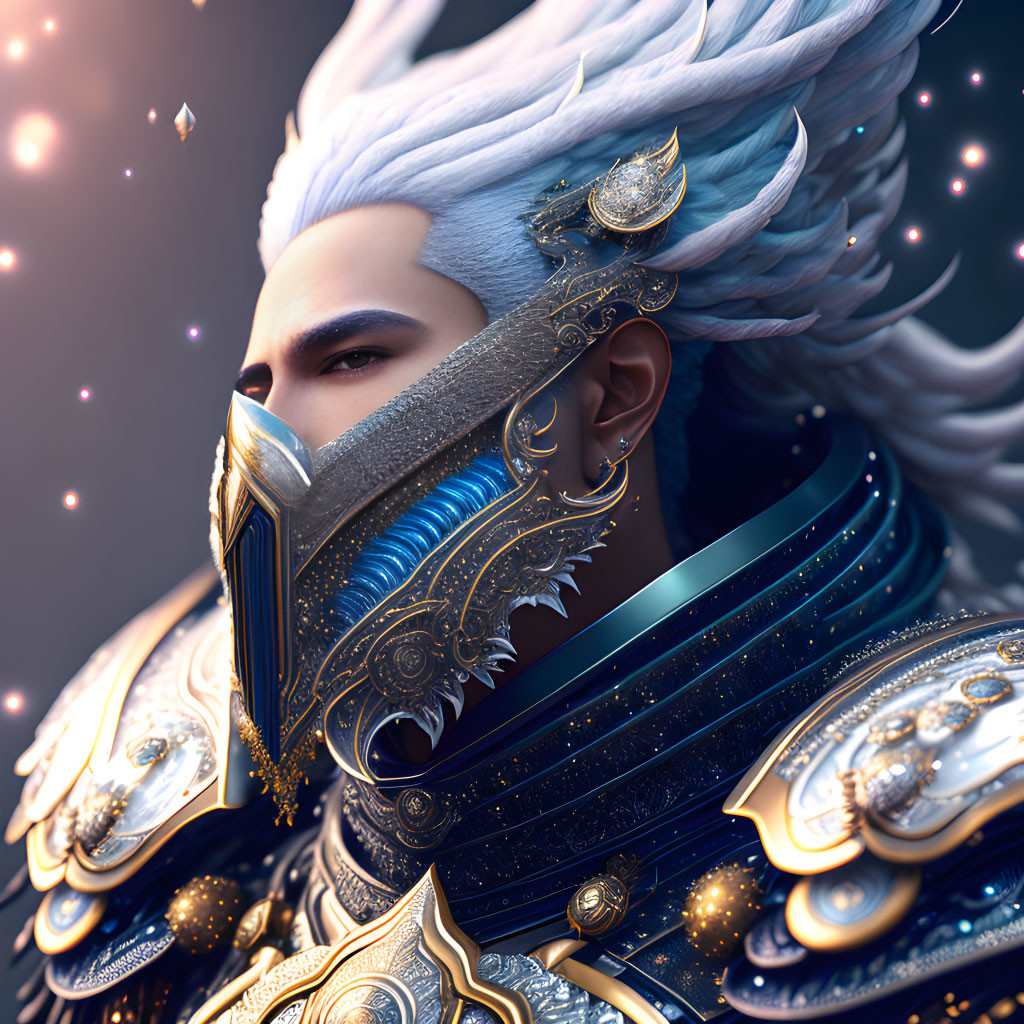 Fantasy warrior digital artwork with white hair and elaborate gold and blue armor