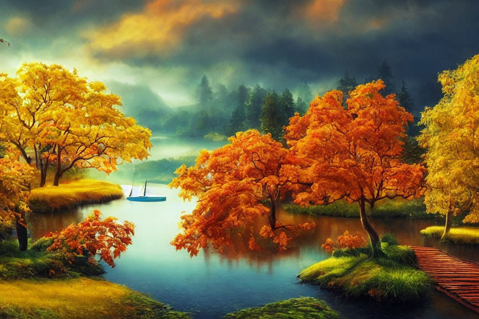 Tranquil autumn landscape with orange trees, lake, boat, jetty & cloudy sky