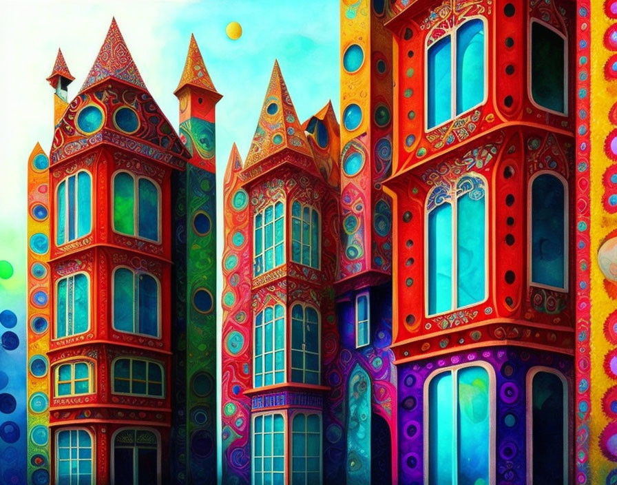 Whimsical illustration of vibrant, ornate buildings under a bright sky