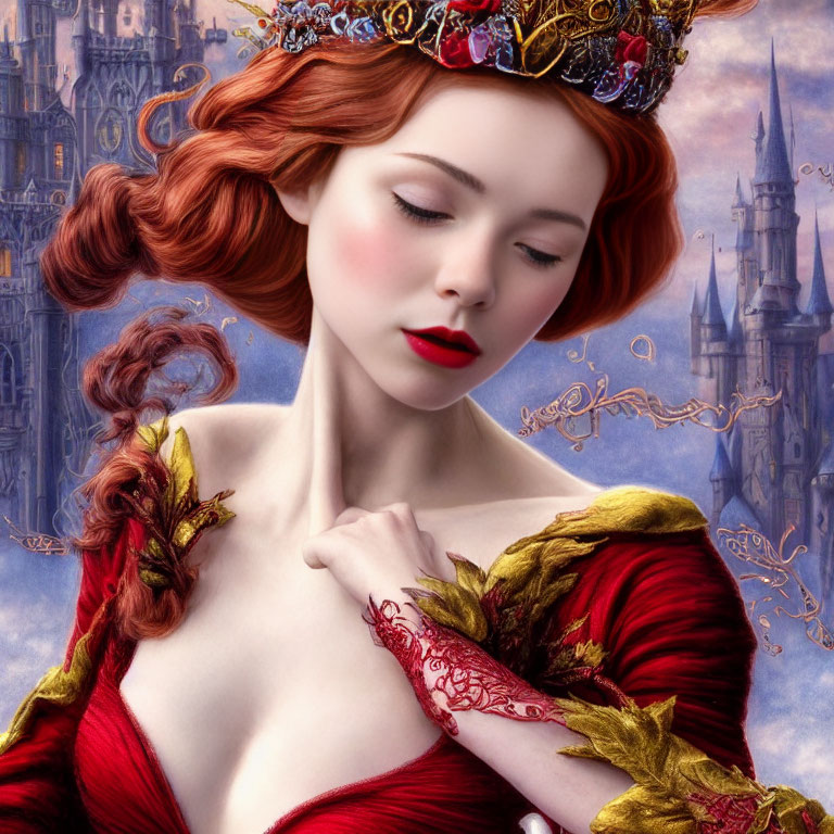 Detailed digital artwork: Woman with red hair and crown in elegant dress, against fantasy castle.